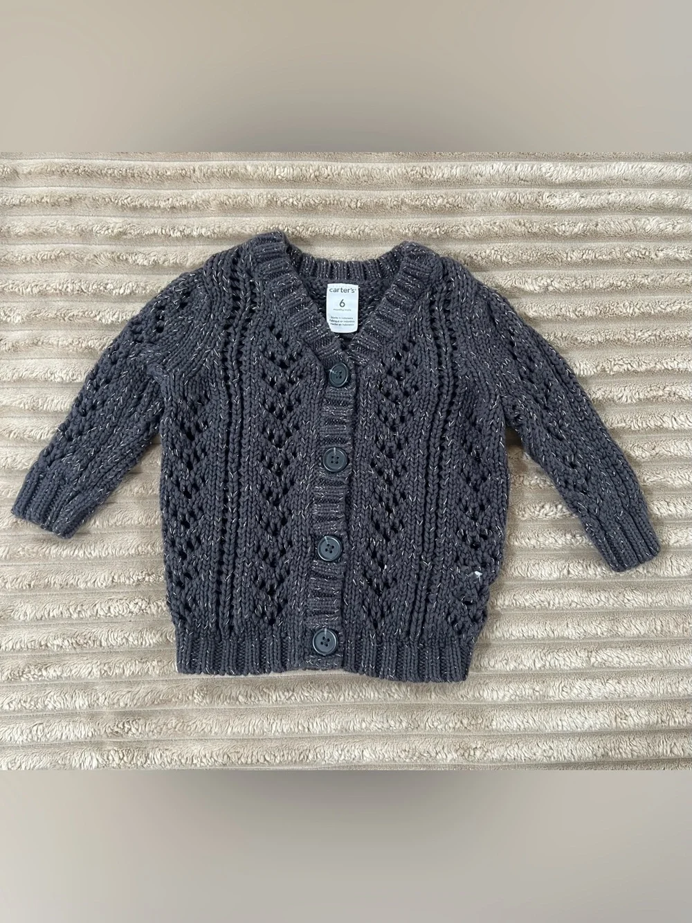 Carter’s Baby Girl Metallic Cable Knit Cardigan Sweater - Charcoal Gray - 6M